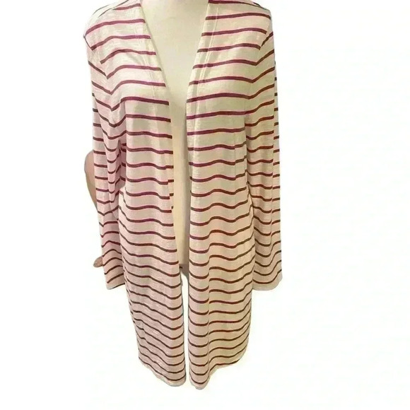 Chicos Ultimate Tee Cardigan Pink & white striped with side slit pockets size 2 - Picture 1 of 6